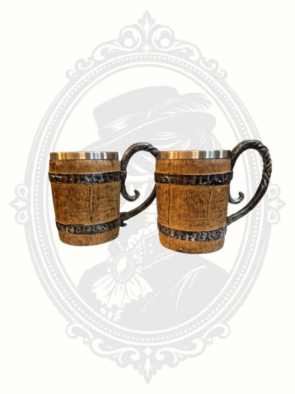 Rustic Barrel Style Mug Set Medieval Tankard Coffee Beer Mugs Pair